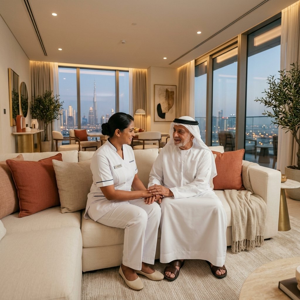 RahaSukh caregiver with patient in Dubai home
